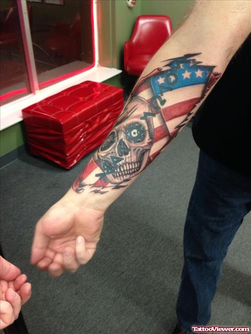 Patriotic Skull And Flag Color Ink Tattoo On Arm