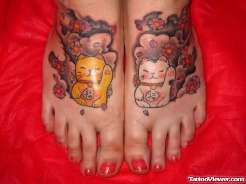 Cats And Paw Print Tattoos On Feet