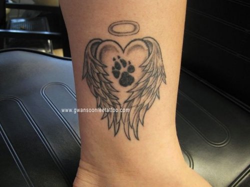 Angel Winged Heart With Paw Print Tattoo On Side Leg