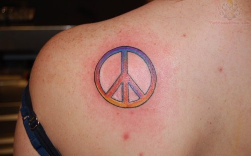 Peace Sign Tattoo On Back Shoulder