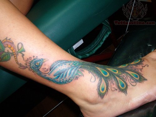 Peacock Color Tattoo On Ankle
