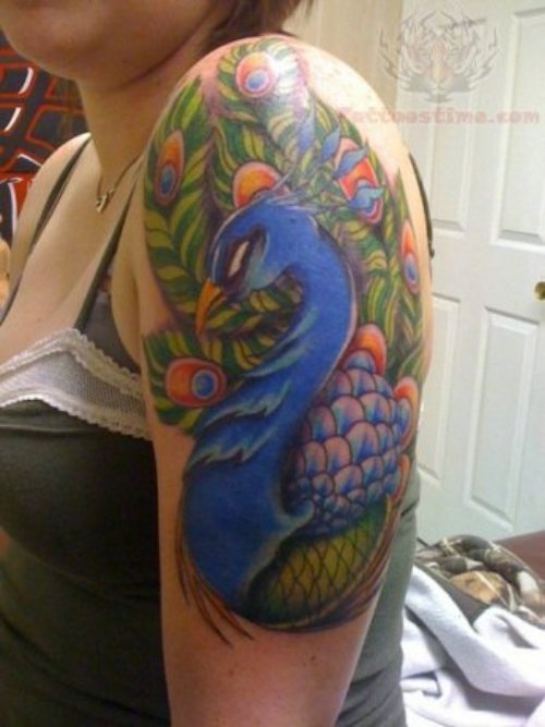 Colorful Peacock Tattoo On Girl Half Sleeve
