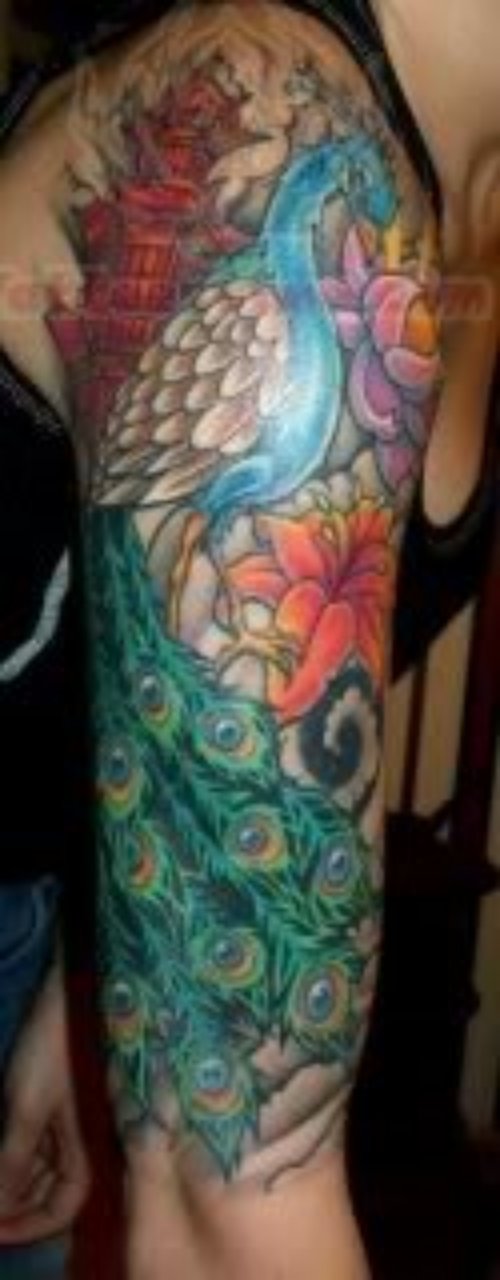 Color Peacock Half Sleeve Tattoo