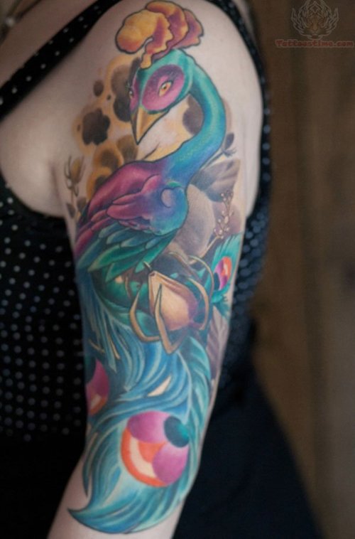 Peacock Half Sleeve Color Tattoo