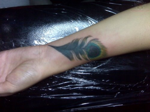 Peacock Feather Color Tattoo On Wrist
