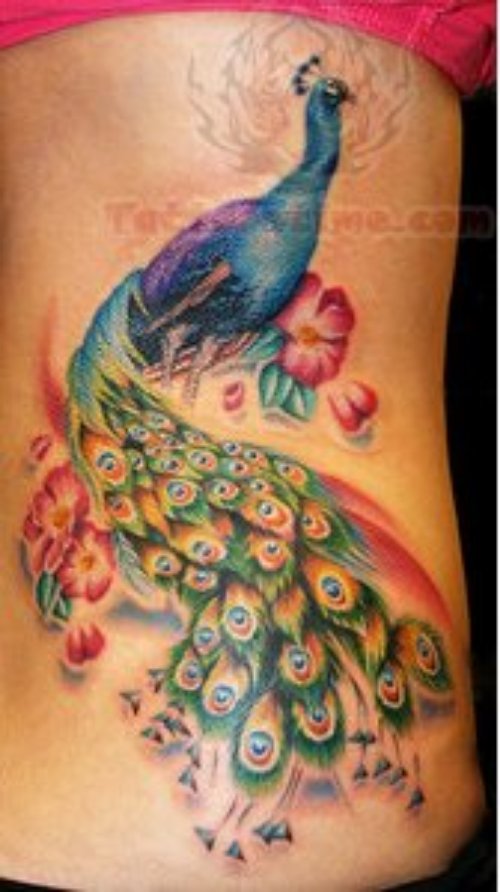 Peacock And Flowers Tattoo On Side
