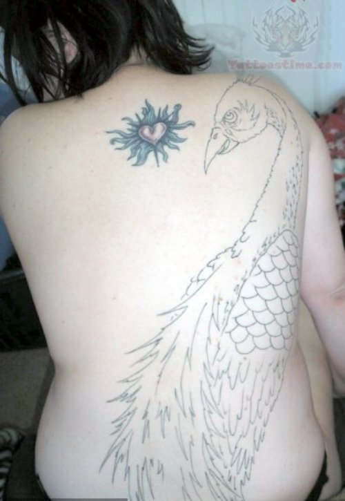 Peacock And Heart Tattoo On Back
