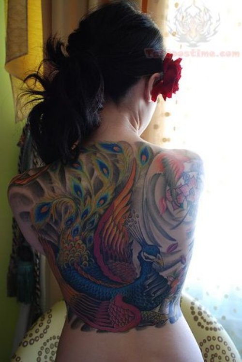 Woman Back Peacock Tattoo