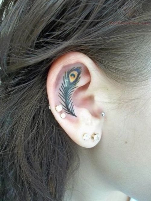 Peacock Feather Tattoos Inside Ear