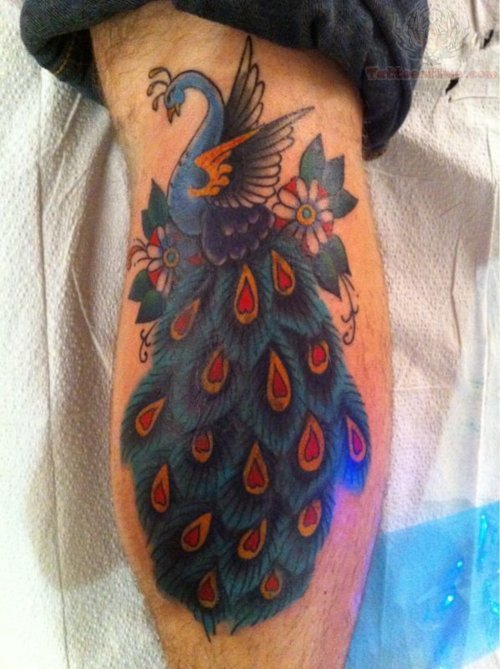 Peacock And Feathers Tattoo On Calf