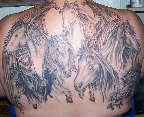 Grey Ink Horse And Pegasus Head Tattoos On Back