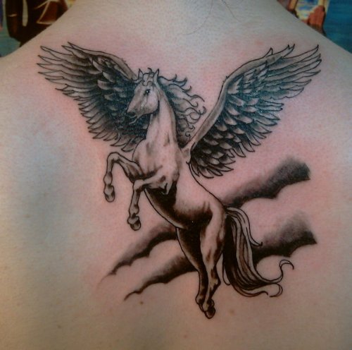 Awful Grey Ink Winged Pegasus Tattoo on Back Body