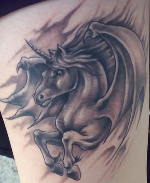 Grey Ink Unicorn Pegasus Tattoo