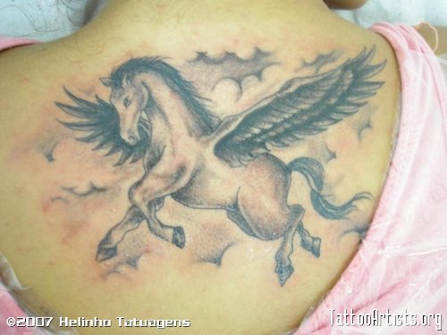 Best Grey Ink Pegasus Tattoo On Upperback