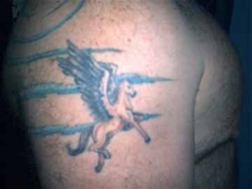Crazy Pegasus Tattoo On Right Shoulder