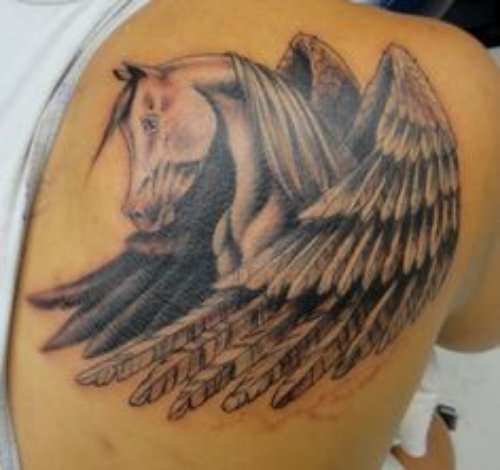 Amazing Grey Ink Pegasus Tattoo On Right Back Shoulder