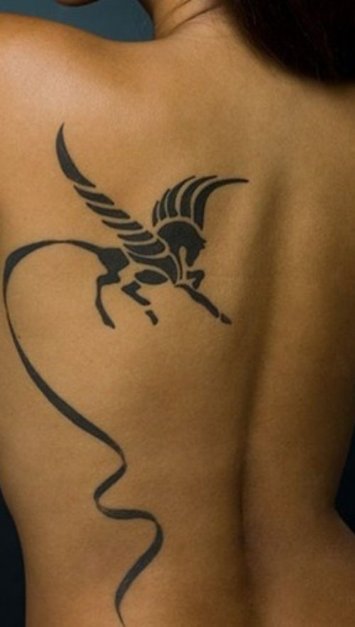 Black Ink Pegasus Tattoo On Back For Girls
