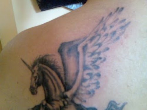 Grey Ink Pegasus Tattoo On Left Back Shoulder