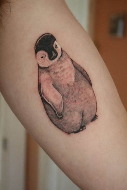 Leg Grey Ink Penguin Tattoo