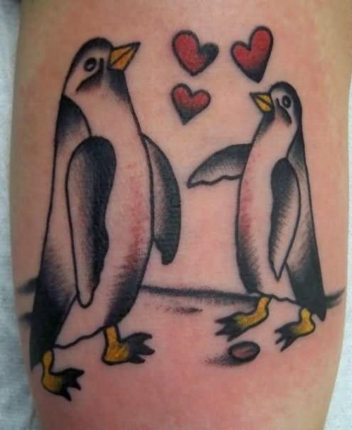 Red Hearts And Love Penguin Tattoos