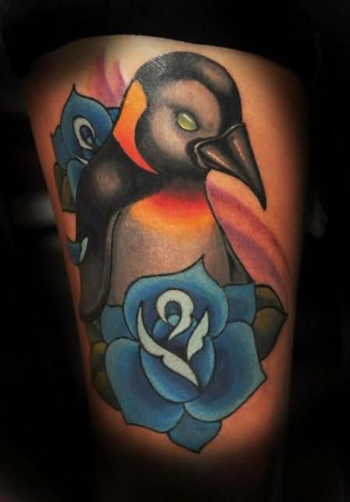 Blue Rose Flowers And Penguin Tattoo