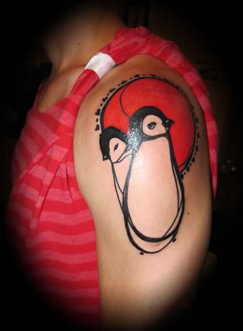 Left Shoulder Red Hairs Penguin Tattoo