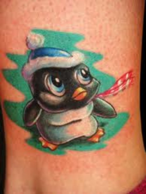 Awesome Color Ink Penguin Tattoo On Leg
