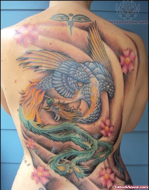 Phoenix And Flowers Tattoo On Back