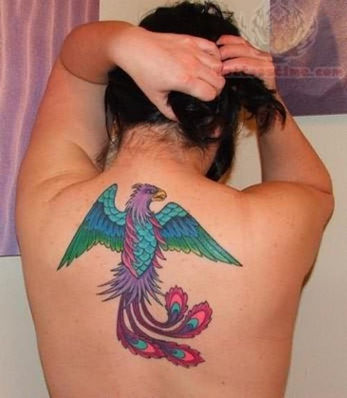 Colorful Phoenix Tattoo On Girl Back