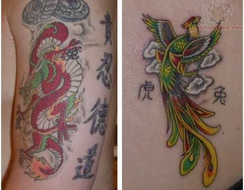 Japanese Symbols And Phoenix Tattoo