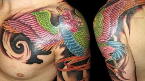 Phoenix Tattoo On Chest And Shoulder