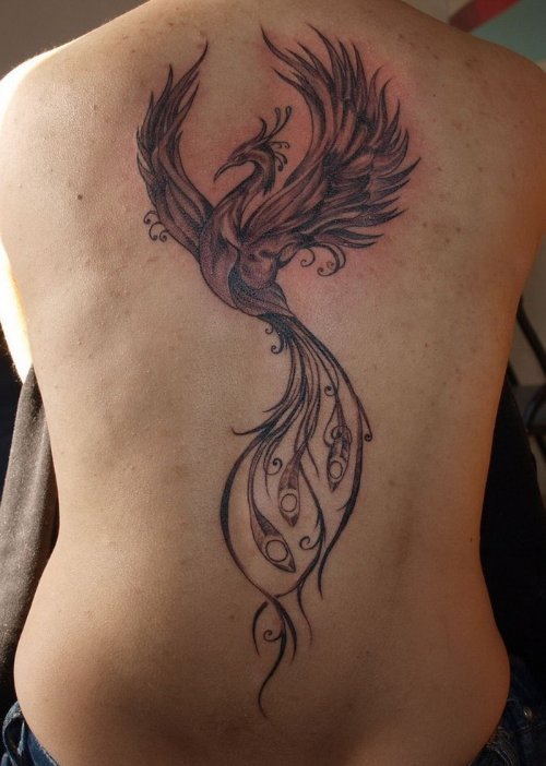 Awesome Grey Ink Phoenix Tattoo On Full Back