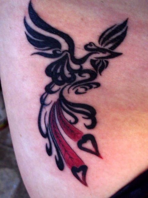 Red And Black Ink Phoenix Tattoo On Side Rib