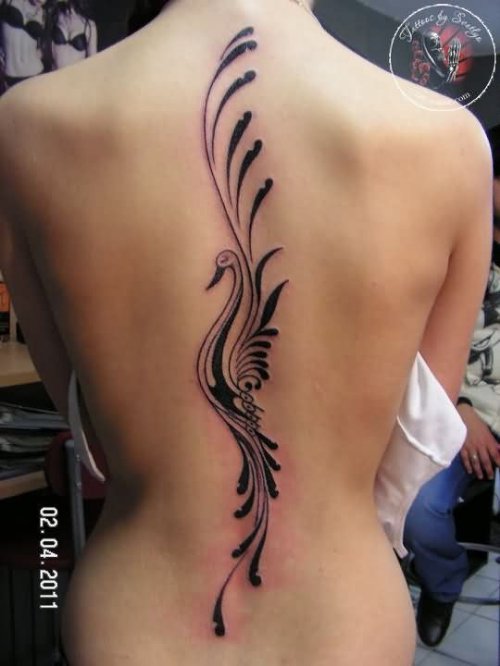 Grey Ink Phoenix Tattoo On Girl Back Body