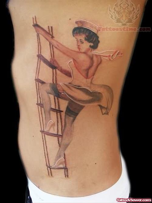 Pin Up Girl With Stairs Tattoo
