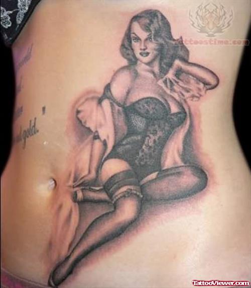 Pin Up Girl Tattoo On Stomach
