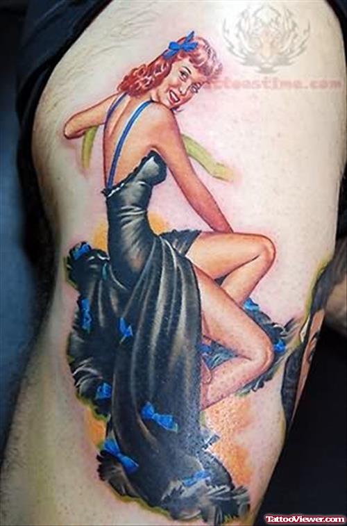 Pin Up Girl Tattoo On Shoulder