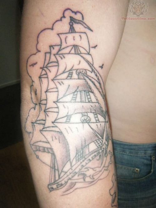 Pirate Ship Tattoo On Elbow