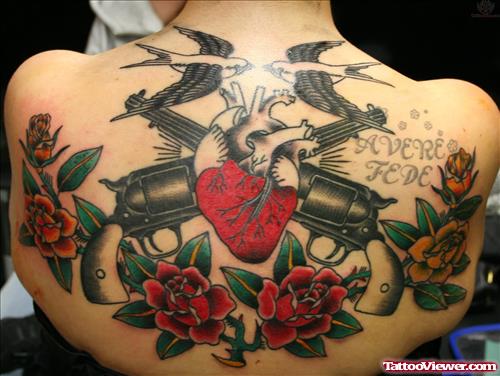 Pistols And Roses Tattoos On Back