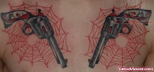 Pistol And Web Tattoos On Chest