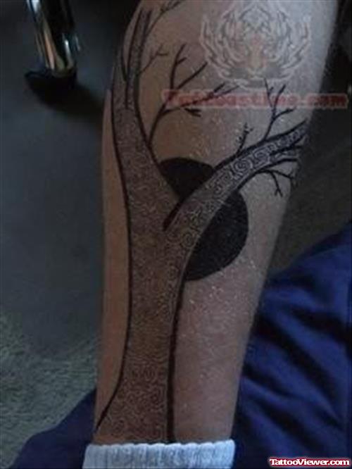Tree And Moon Tattoo On Leg