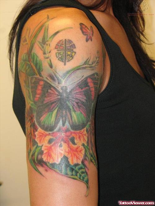 Tropical Flowers And Butterfly Tattoo