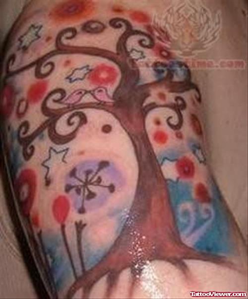 Colorful Tree Tattoo On Shoulder