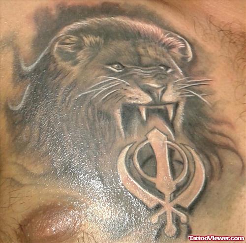Grey Ink Lion With Khanda Tattoo