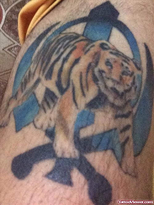 Blue Khanda And Color Tiger Tattoo