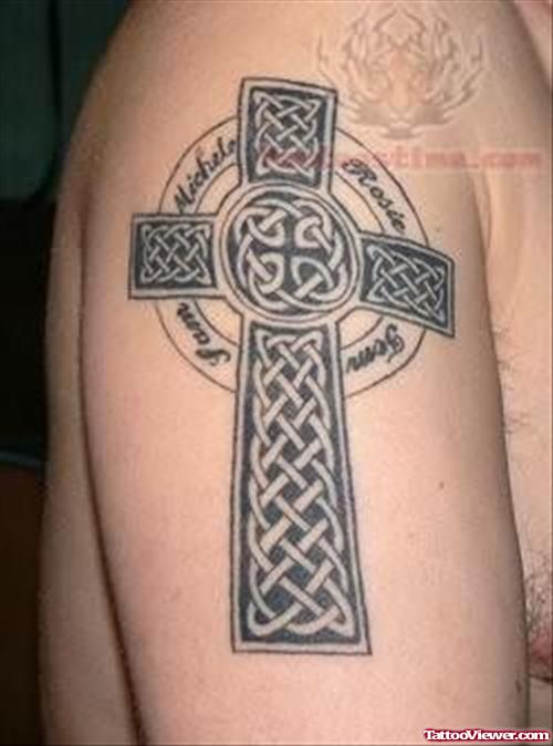 Religious Cross Knot Tattoo On Shoulder