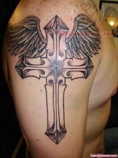 Winged Cross Tattoo On Shoulder