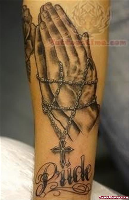 Praying Hands Rosary Tattoo On Arm