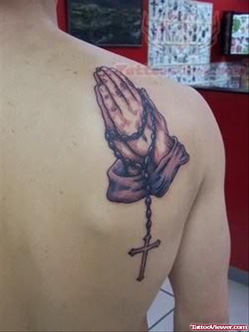 Praying Hands Tattoo On Back Shoulder