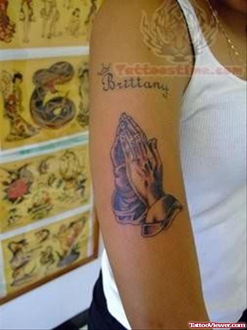 Praying Hands Religious Tattoo On Arm